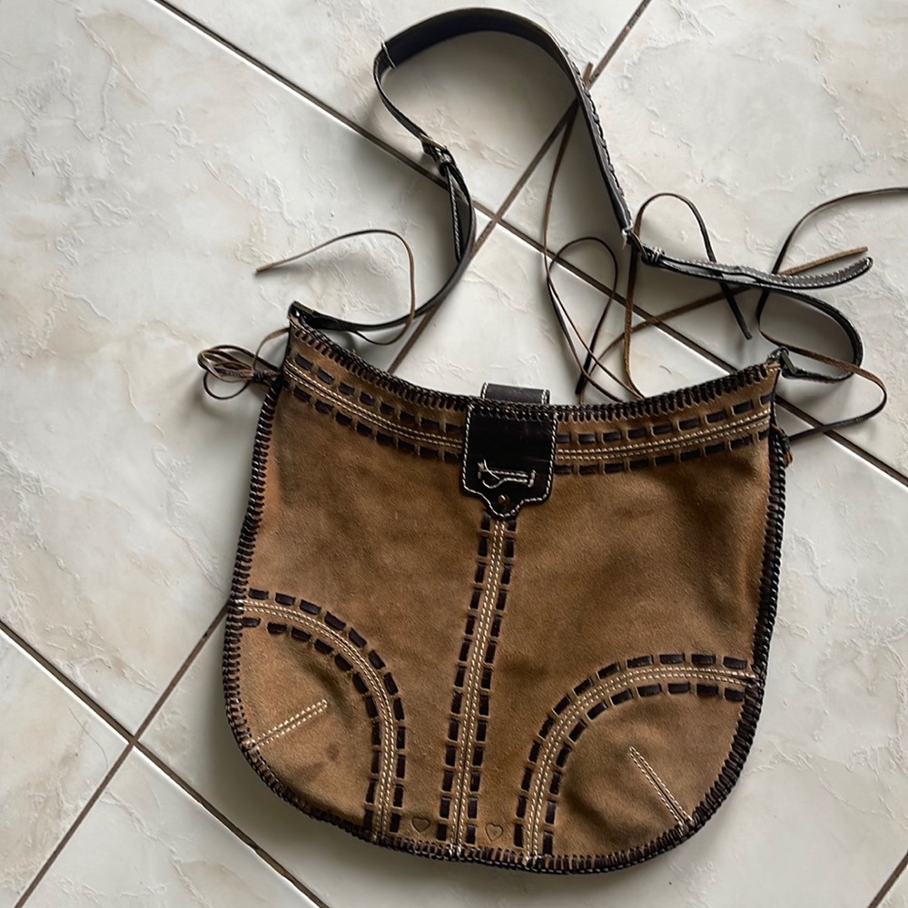 Brown suede leather hobo bag